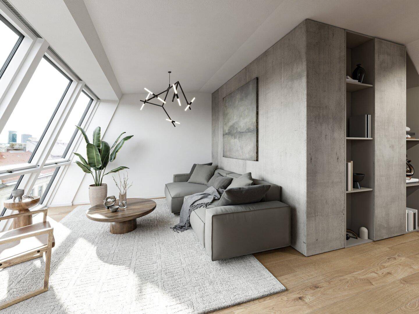 Helles Wohnzimmer mit modernem Sofa, Holzboden und großen Fenstern, die viel Licht hereinlassen.