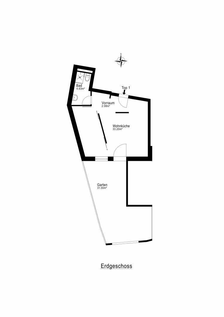 Grundriss des Erdgeschosses (Top 1) mit offener Wohnküche, Bad und direktem Zugang zum Gartenbereich.
