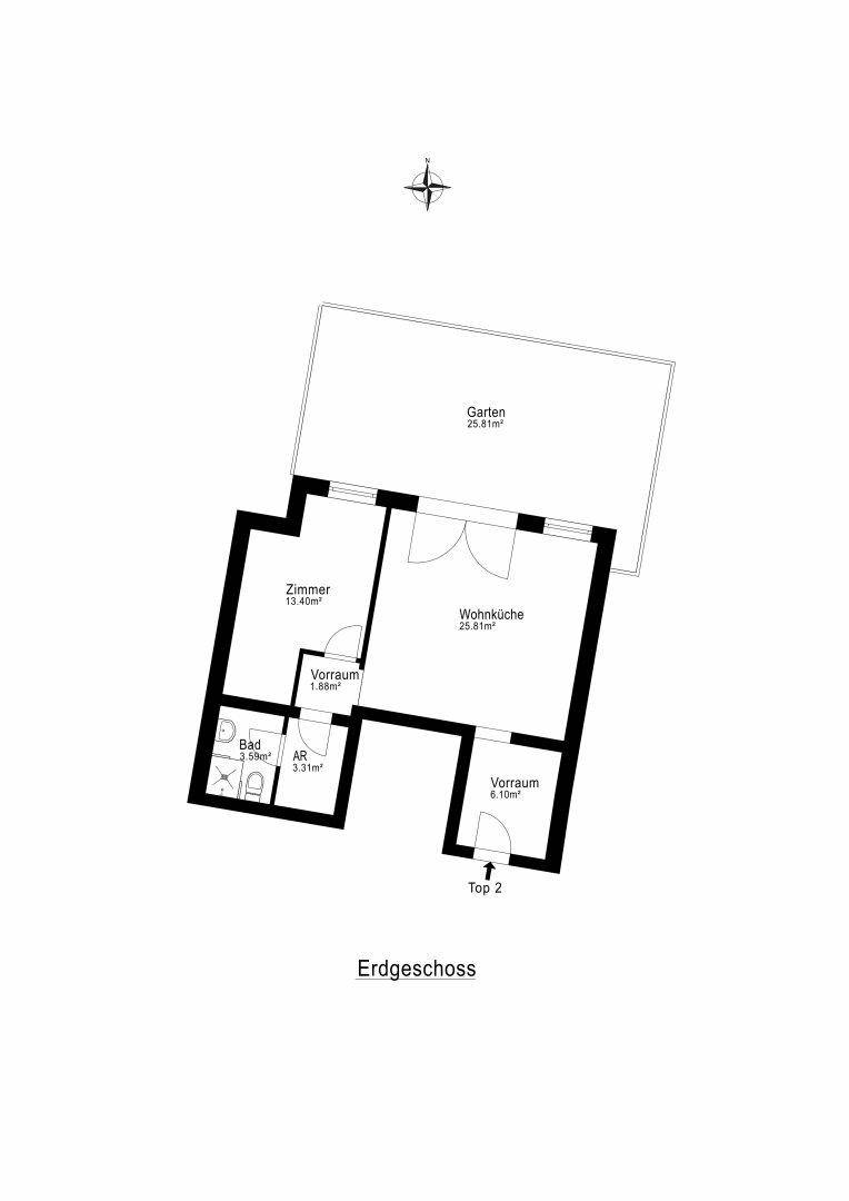 Grundriss des Erdgeschosses (Top 2) mit Zimmer, offener Wohnküche, Bad und großzügigem Garten.