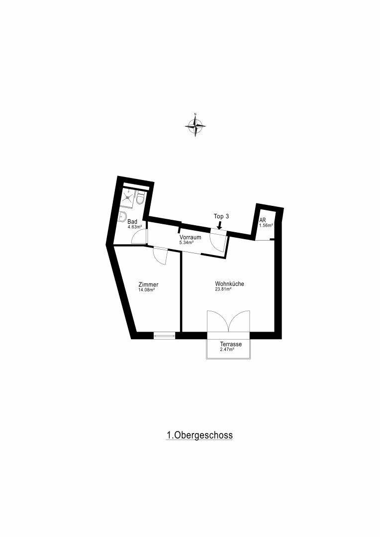 Grundriss des 1. Obergeschosses (Top 3) mit Zimmer, offener Wohnküche, Bad und kleiner Terrasse.