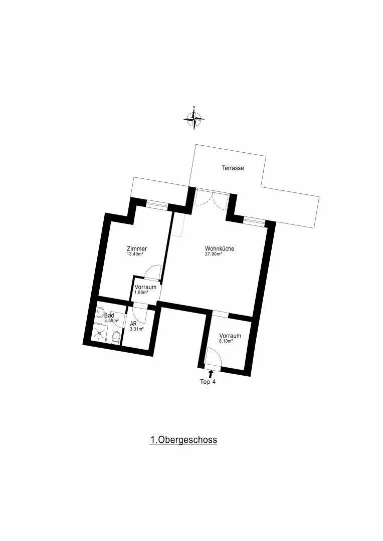 Grundriss des 1. Obergeschosses (Top 4) mit Zimmer, offener Wohnküche, Bad und großer Terrasse.