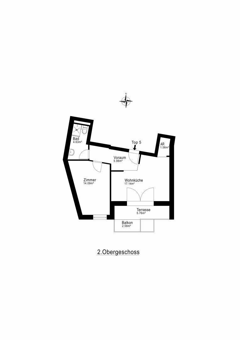 Grundriss des 2. Obergeschosses (Top 5) mit Zimmer, offener Wohnküche, Bad, Terrasse und Balkon.