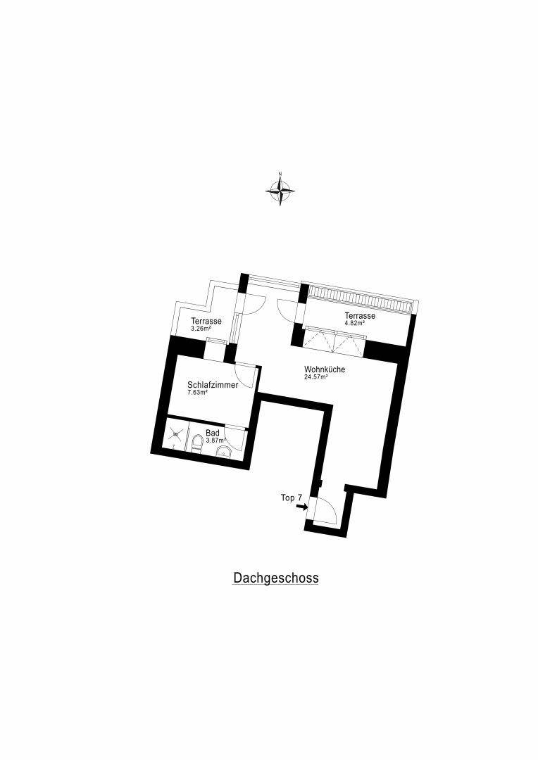 Grundriss des Dachgeschosses (Top 7) mit Schlafzimmer, offener Wohnküche, Bad und zwei Terrassen.