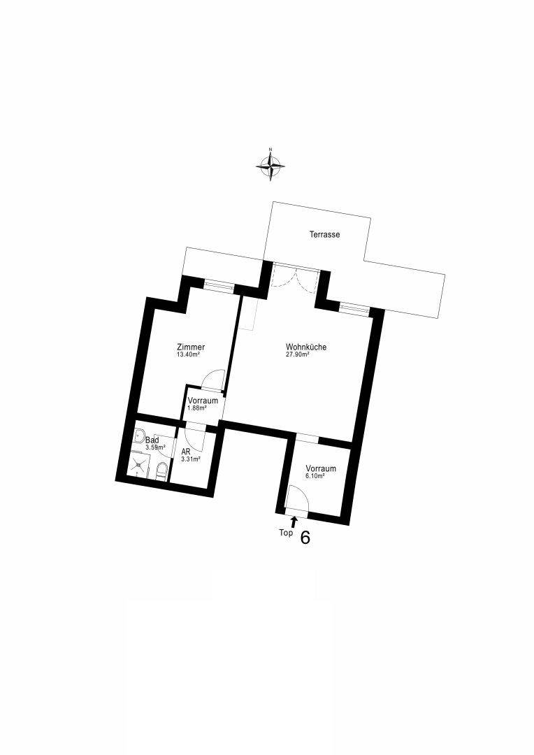 Grundriss des 1. Obergeschosses (Top 6) mit Zimmer, offener Wohnküche, Bad und großer Terrasse.