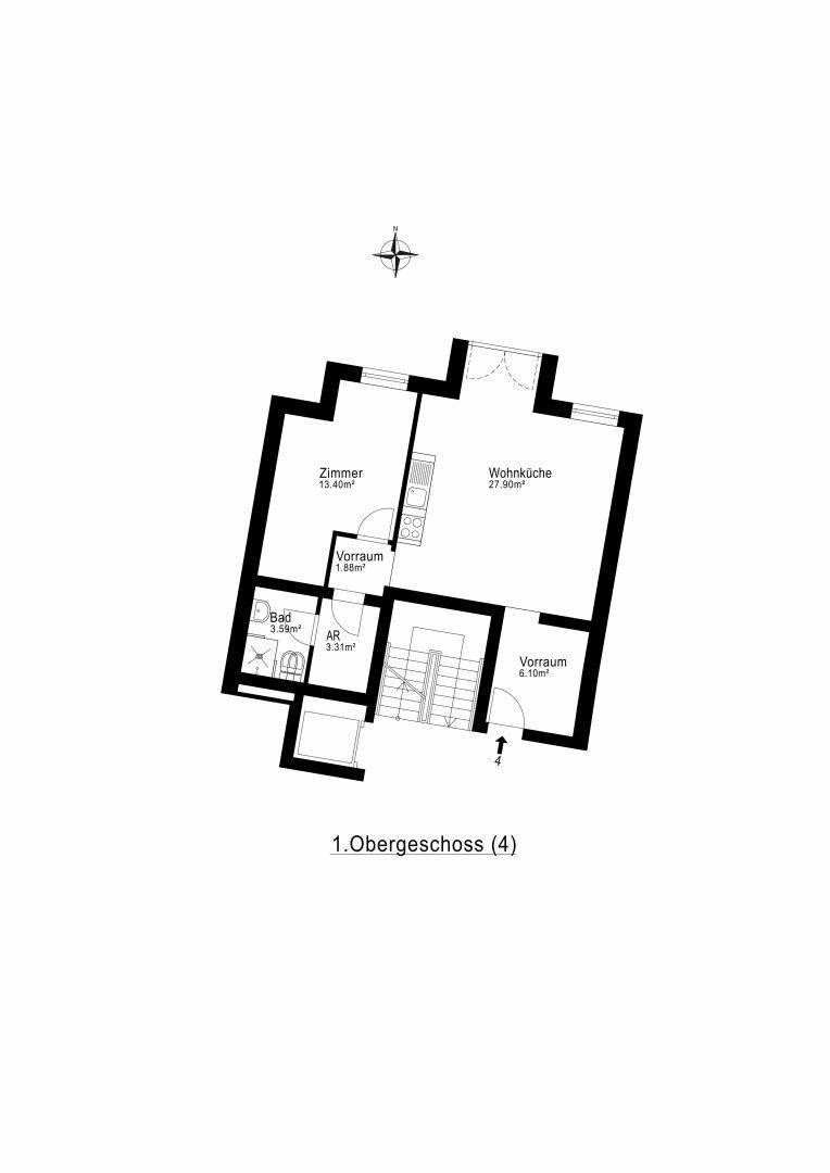 Grundriss des 1. Obergeschosses mit Wohnküche, Zimmer und Bad.