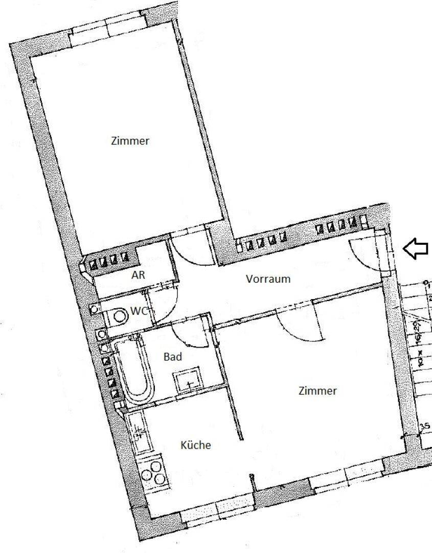 Grundrissplan der Wohnung mit Zimmern, Küche, Bad und separatem WC.