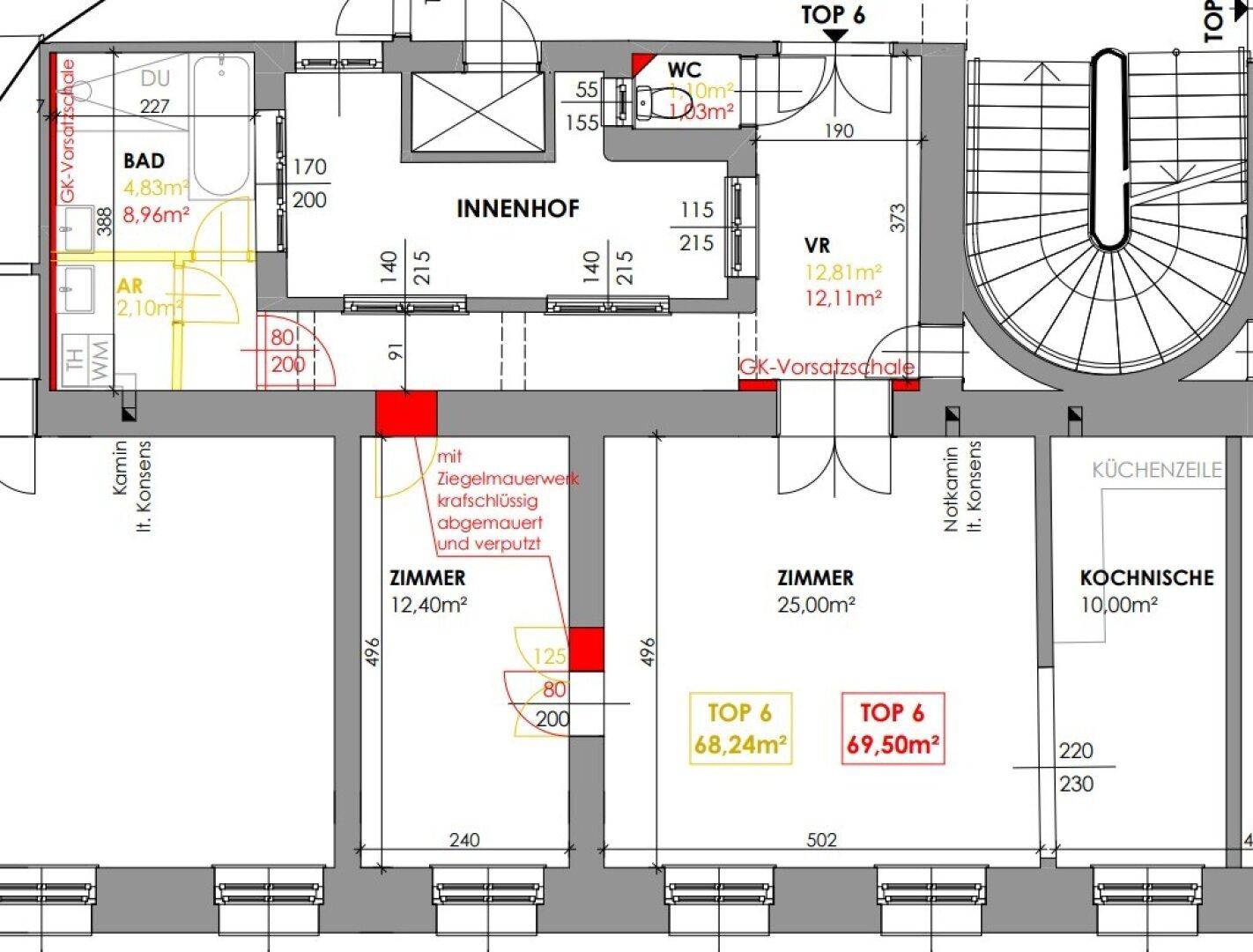 Detaillierter Grundriss einer Wohnung mit mehreren Zimmern, Bad und WC.