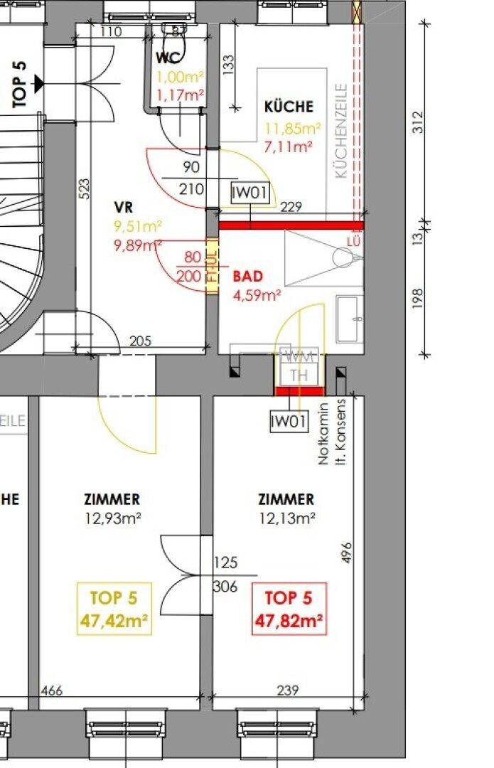 Detaillierter Grundriss einer Wohnung mit Küche, Bad, WC und zwei Zimmern.