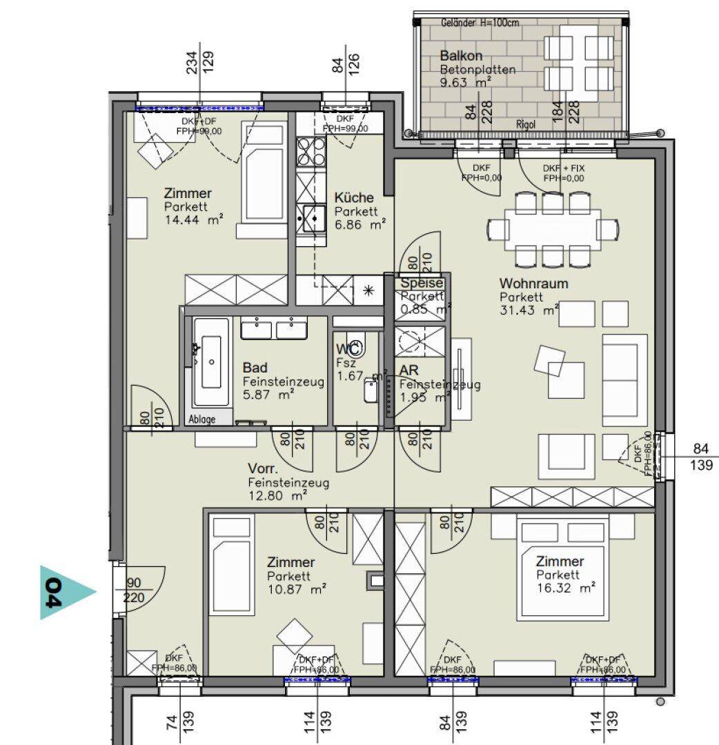 Detaillierter Grundriss einer Wohnung mit drei Zimmern, offener Küche und Balkon.