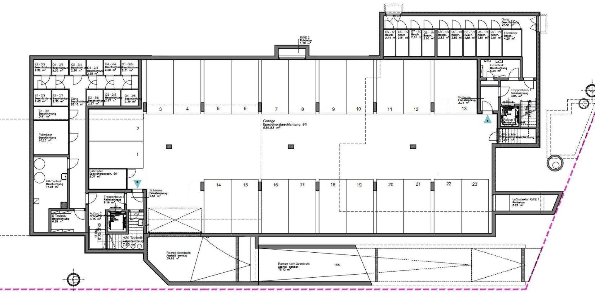 Grundrissplan einer Tiefgarage mit zahlreichen nummerierten Stellplätzen, Fahrradabstellraum und weiteren Nebenräumen.
