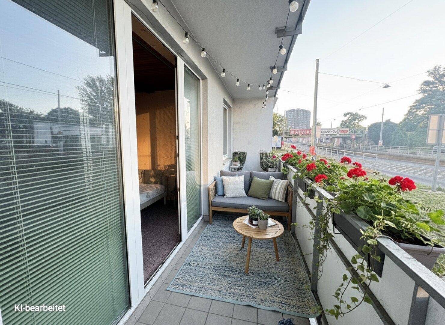 Möblierter Balkon mit Blumenkästen und Blick auf die belebte Straße.