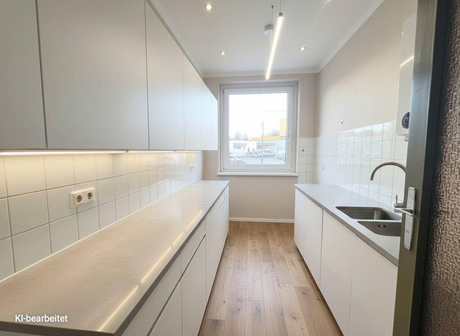 Moderne Küche mit hellgrauen Schränken, integrierter Beleuchtung und Fenster.