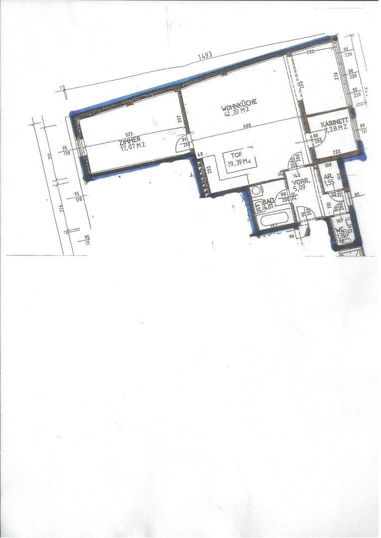 Grundrissplan einer Wohnung mit Wohnküche, Zimmer und Bad, inklusive Flächenangaben.