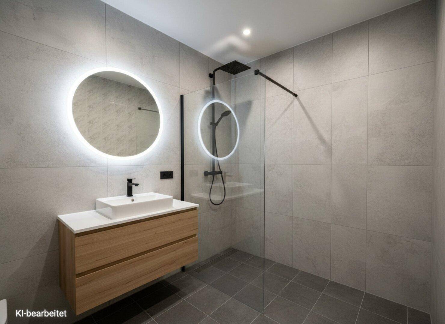 Modernes Badezimmer mit großer begehbarer Dusche, beleuchtetem Spiegel und hellgrauen Fliesen.