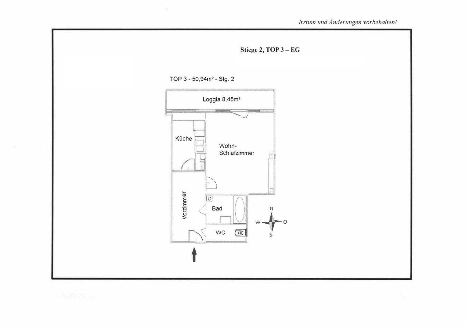 Grundriss der Wohnung TOP 3 mit Loggia, Wohn-Schlafzimmer, Bad und WC.
