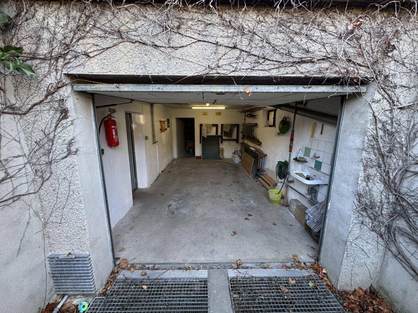 Eingang zur Garage, umrankt von Efeu, mit Blick in den Innenraum.