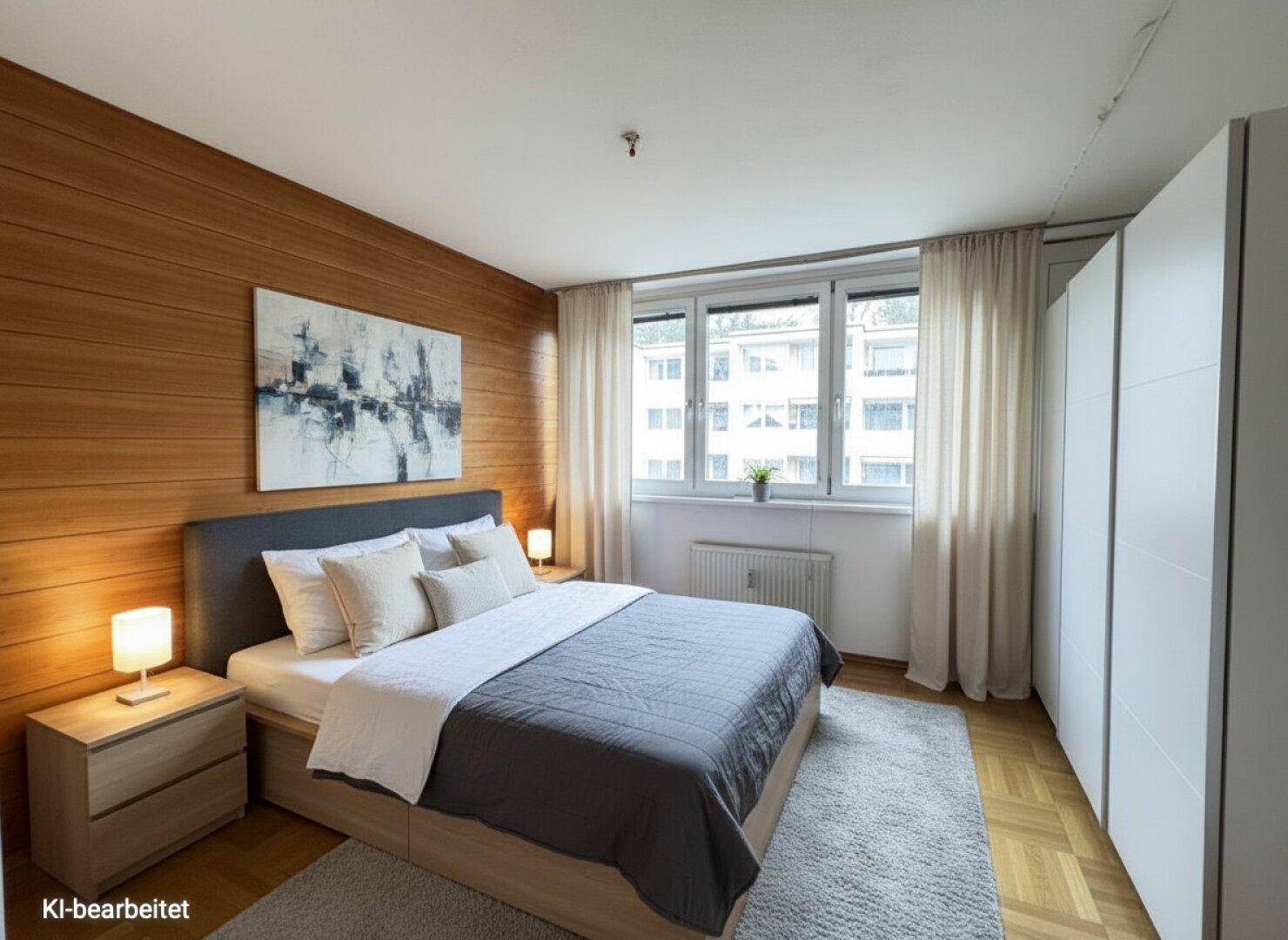 Schlafzimmer mit Holzwand, Parkettboden und großem Fenster für viel Tageslicht.