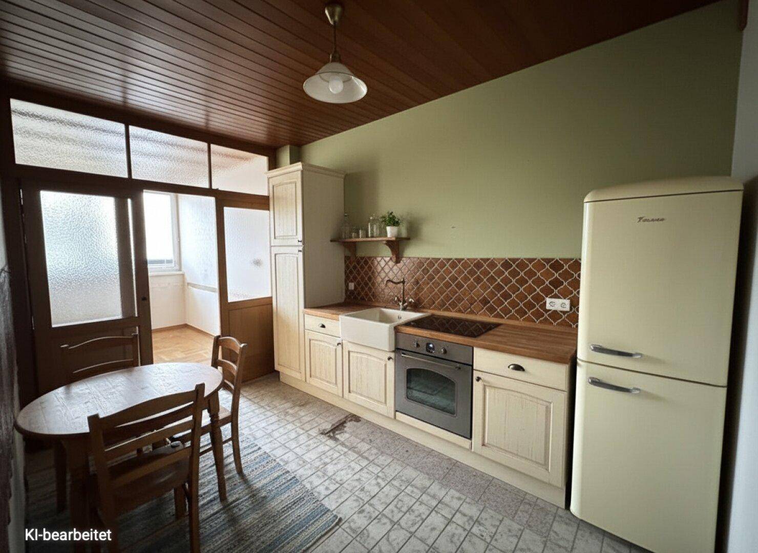 Helle Küche mit Essbereich, Holzdecke und retro-inspiriertem Kühlschrank.