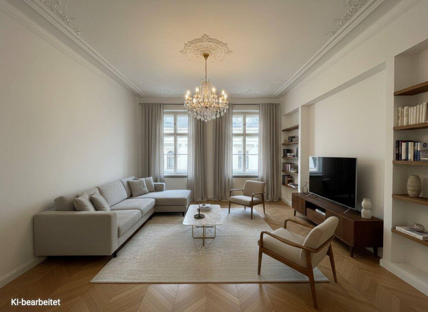 Elegantes Wohnzimmer mit Fischgrätparkett, Kronleuchter und Stuckdecke.