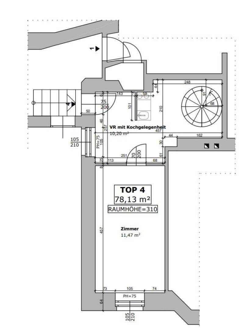 Grundriss einer Wohnung mit Zimmer, Vorraum mit Kochgelegenheit und Wendeltreppe.