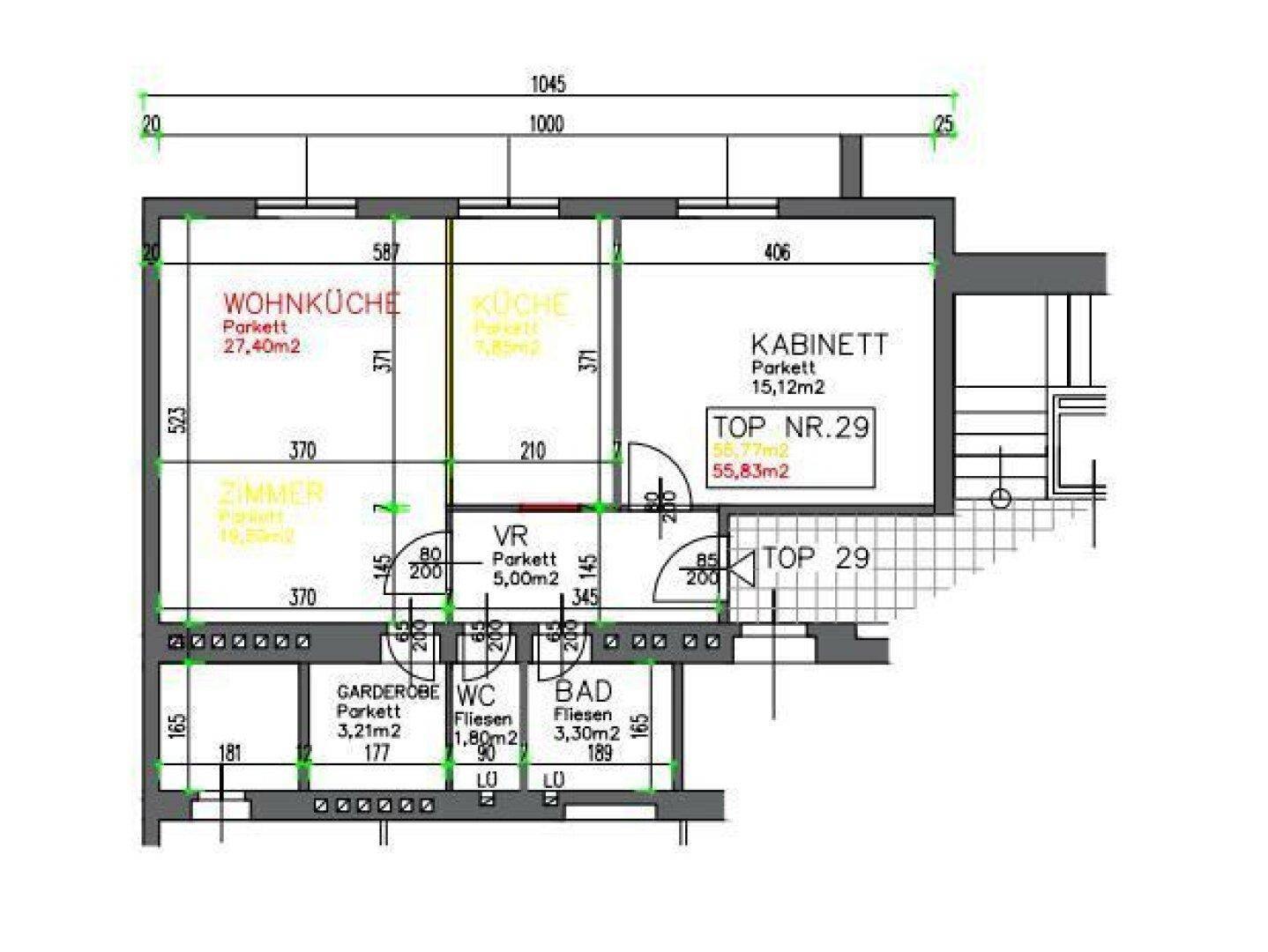 Grundrissplan einer Wohnung mit Wohnküche, Zimmern und Badezimmer, inklusive Maßen.