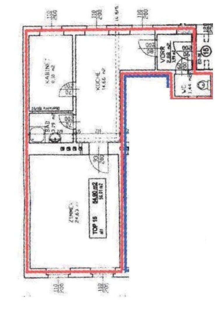 Grundriss einer Wohnung mit offenem Wohnbereich, Küche, Bad und separatem WC.