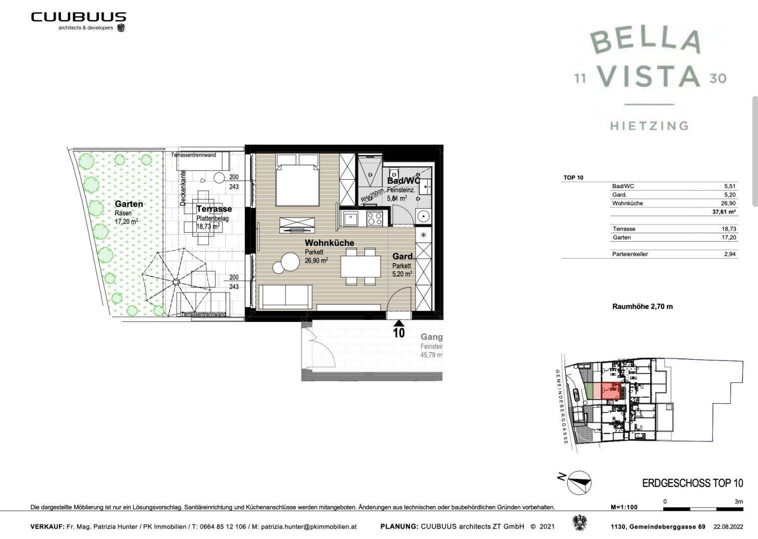 Grundriss einer Erdgeschosswohnung mit Wohnküche, Schlafzimmer, Bad und Terrasse mit Garten.