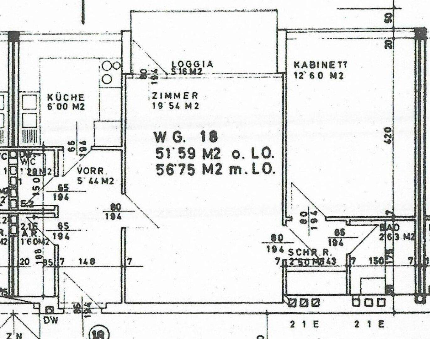 Grundriss der Wohnung zeigt Loggia, Zimmer und Bad, inklusive Flächenangaben.