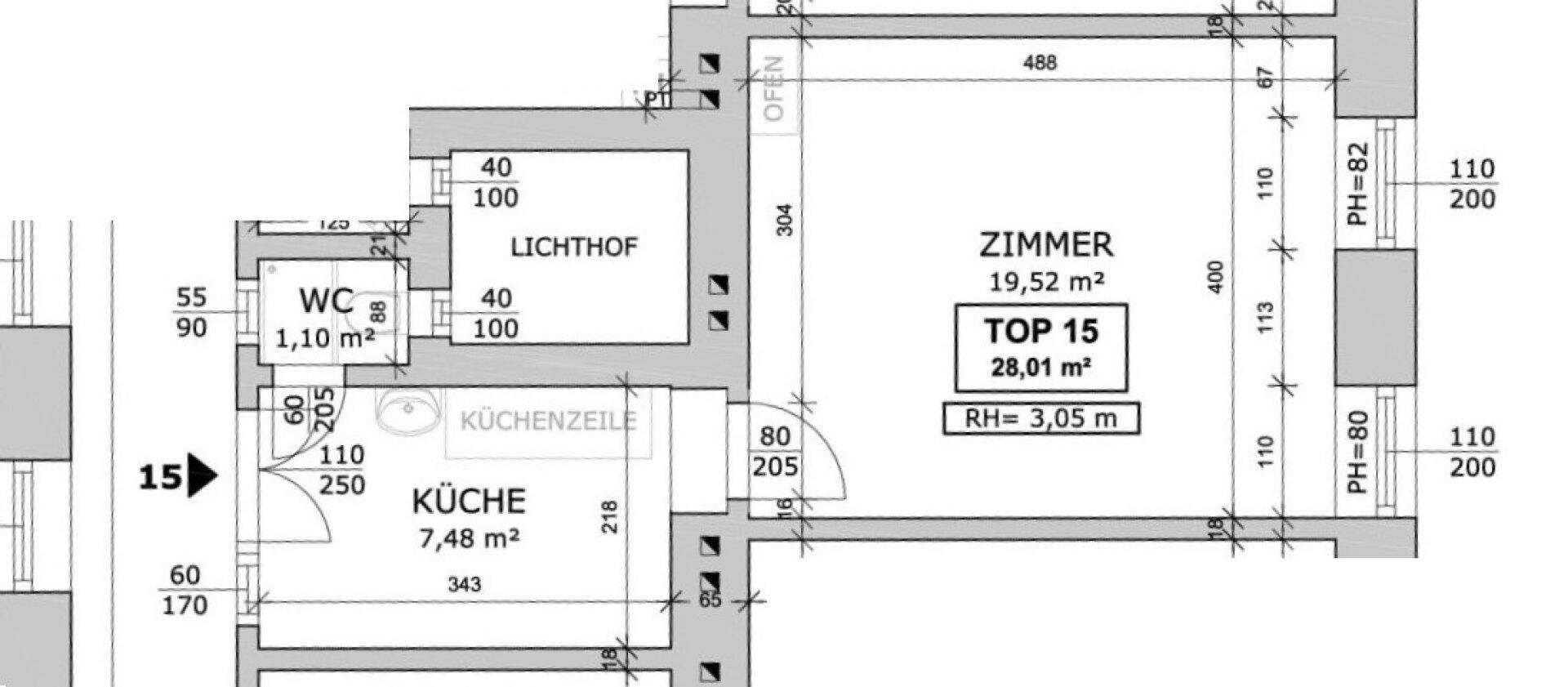 Grundriss einer Wohnung mit Zimmer, Küche und WC, inklusive Maßangaben.