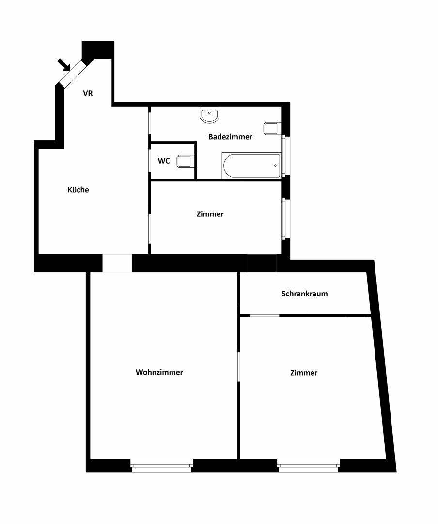Grundriss der Wohnung mit Wohnzimmer, Küche, Schlafzimmern, Schrankraum und zwei Bädern.