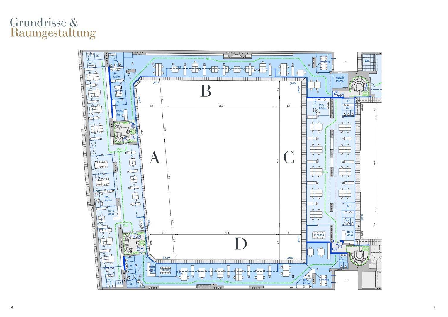 Übersichtlicher Grundriss eines großen Bürokomplexes mit verschiedenen Arbeitsbereichen.