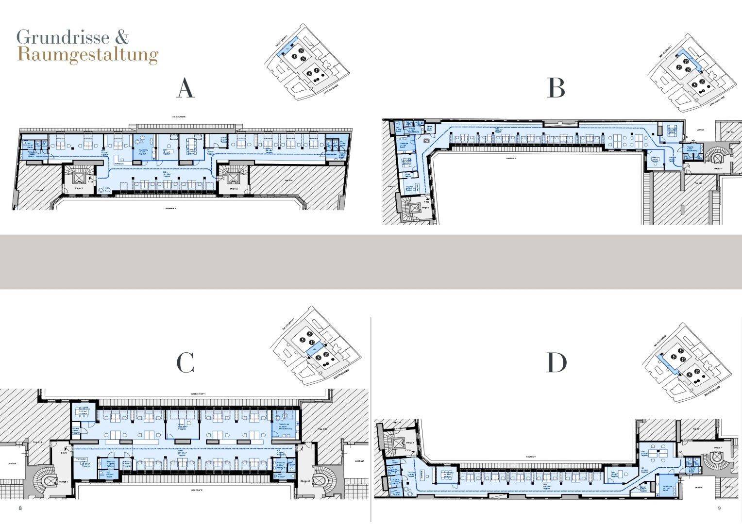Detaillierte Grundrisse der einzelnen Bürobereiche A, B, C und D mit flexiblen Gestaltungsmöglichkeiten.