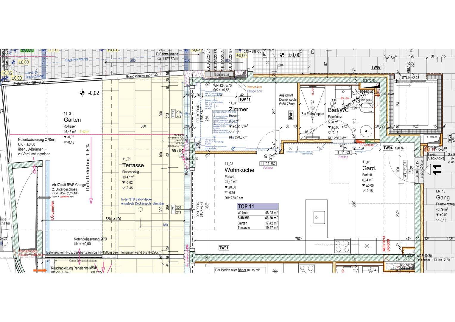 Grundriss einer Wohnung mit Garten, Terrasse, Wohnküche, Zimmer und Bad/WC.
