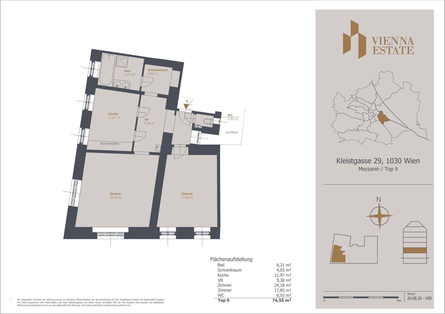 Grundriss der Wohnung mit Raumaufteilung und Flächenangaben, inklusive Lageplan in Wien.
