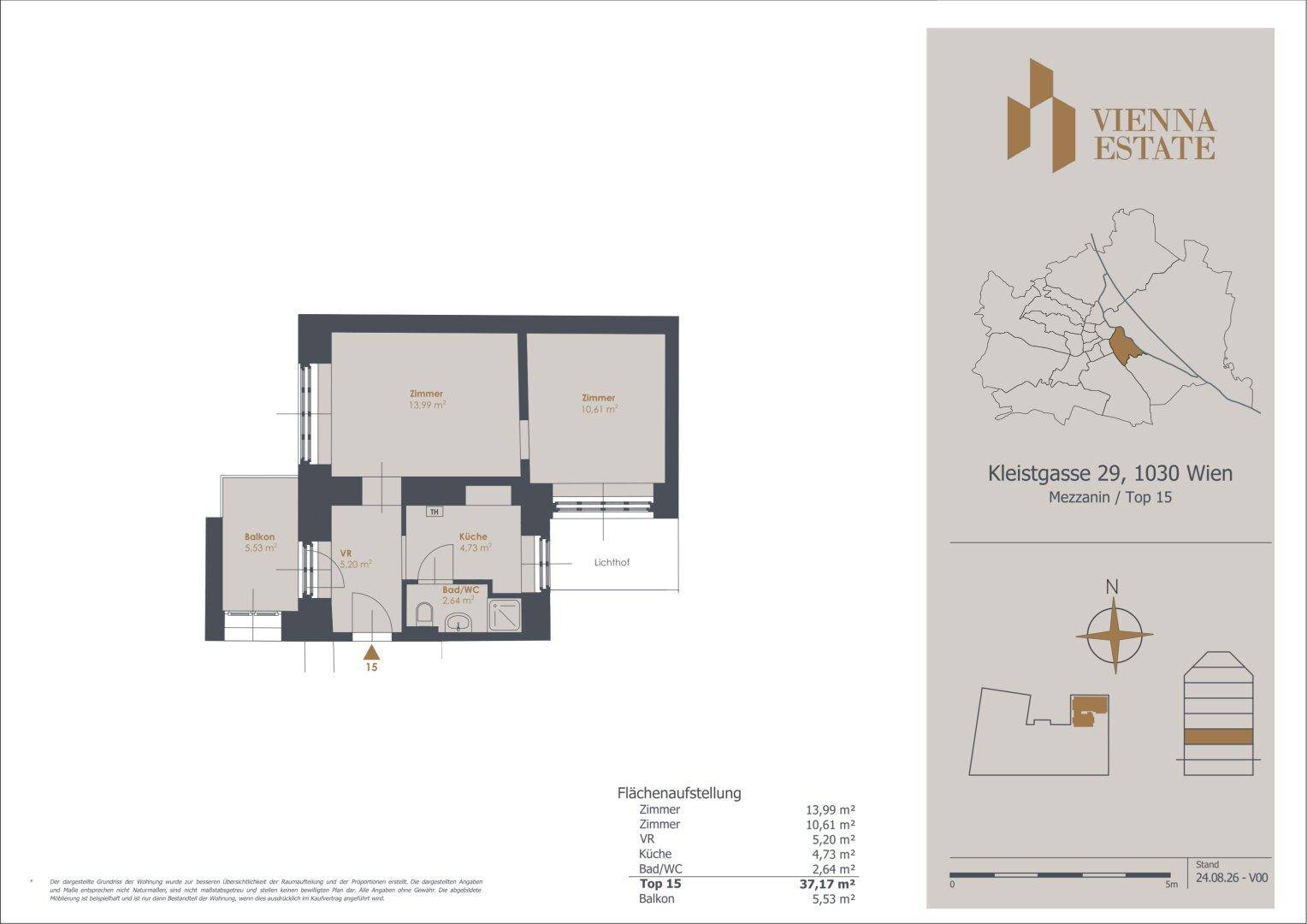 Grundriss der Wohnung "Mezzanin / Top 15" mit Balkon und zwei Zimmern.