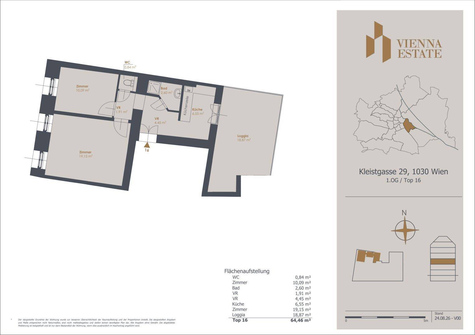 Grundriss der Wohnung mit Raumaufteilung und Loggia.
