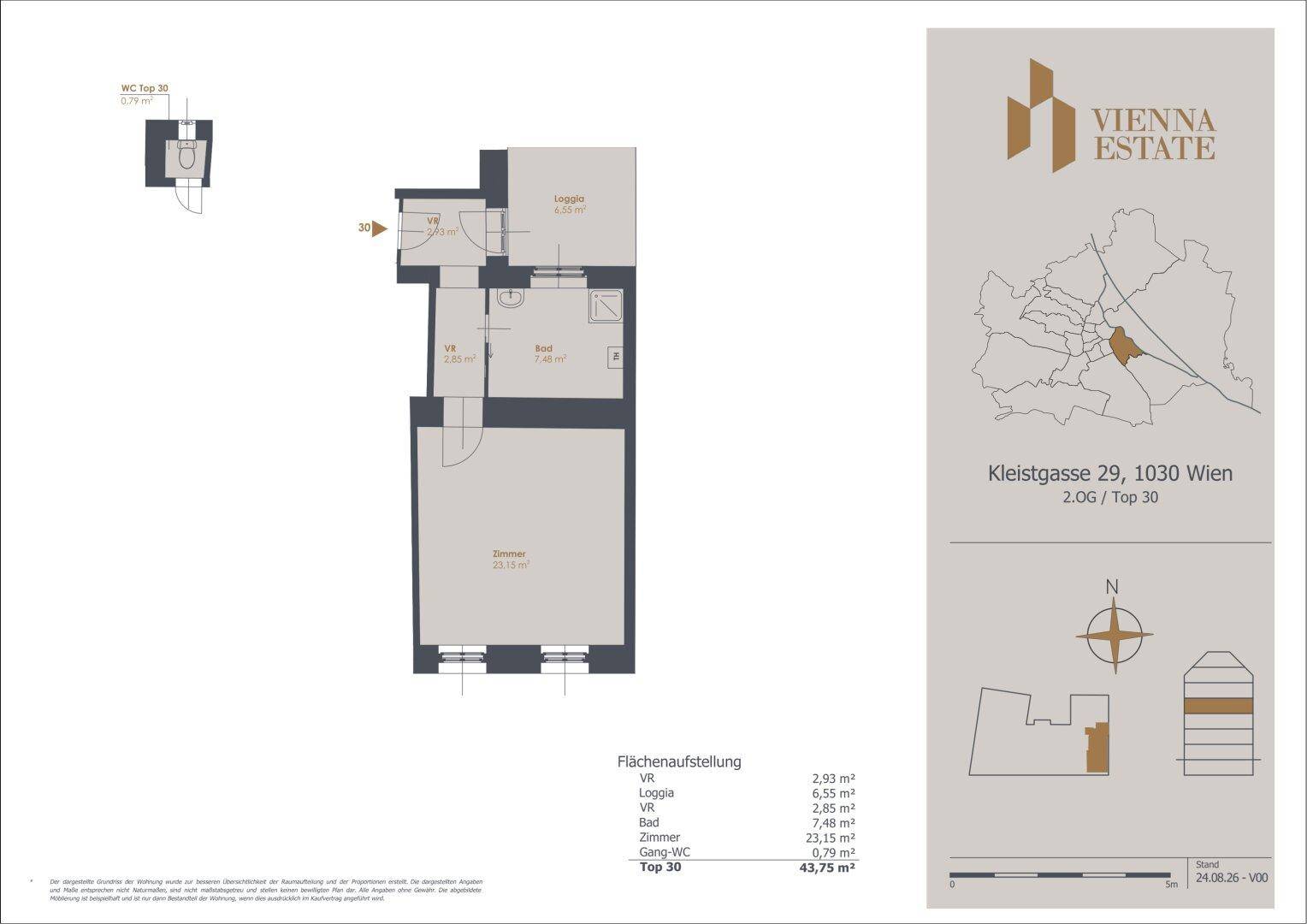 Grundriss der Wohnung Top 30 im 2. Obergeschoss mit Loggia und Raumaufteilung.