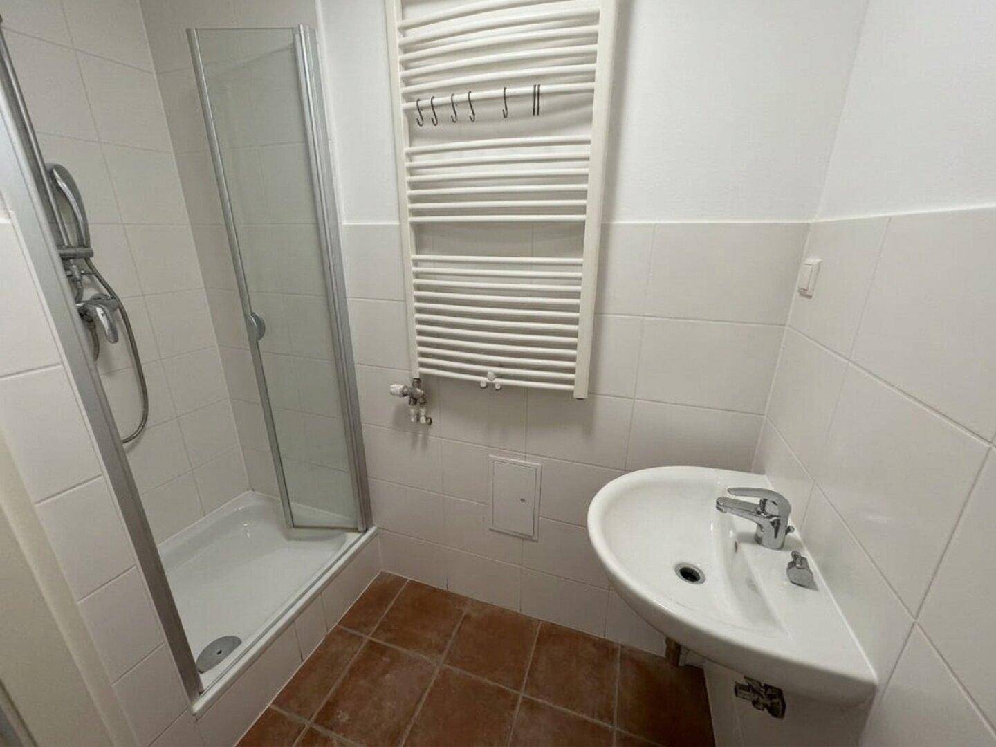 Modernes Badezimmer mit Dusche, Waschbecken und beheiztem Handtuchhalter.