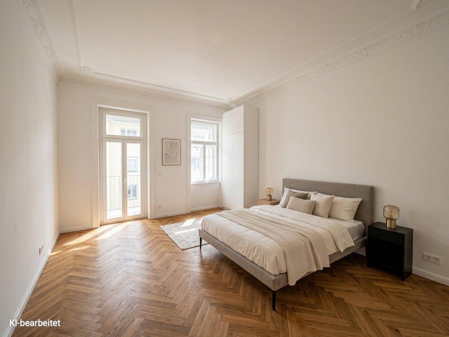 Schlafzimmer mit Fischgrätparkett, großen Fenstern und Zugang zu einem französischen Balkon.