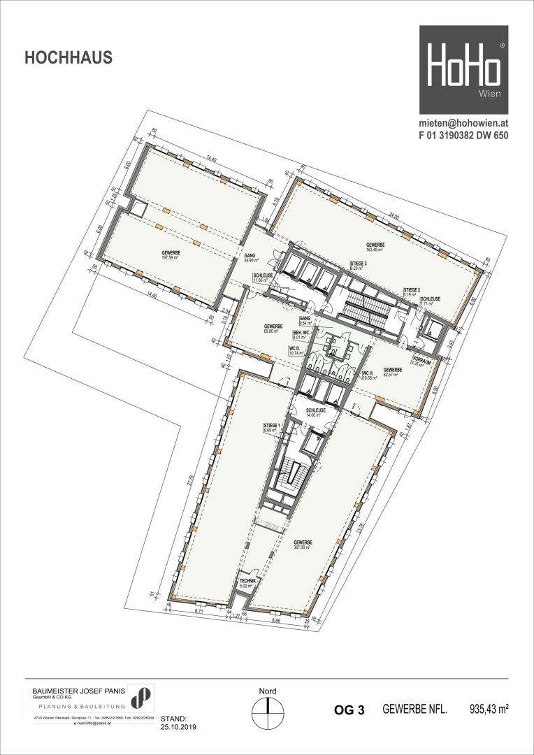 Grundriss des dritten Obergeschosses eines Hochhauses mit 935,43 m² Gewerbefläche.
