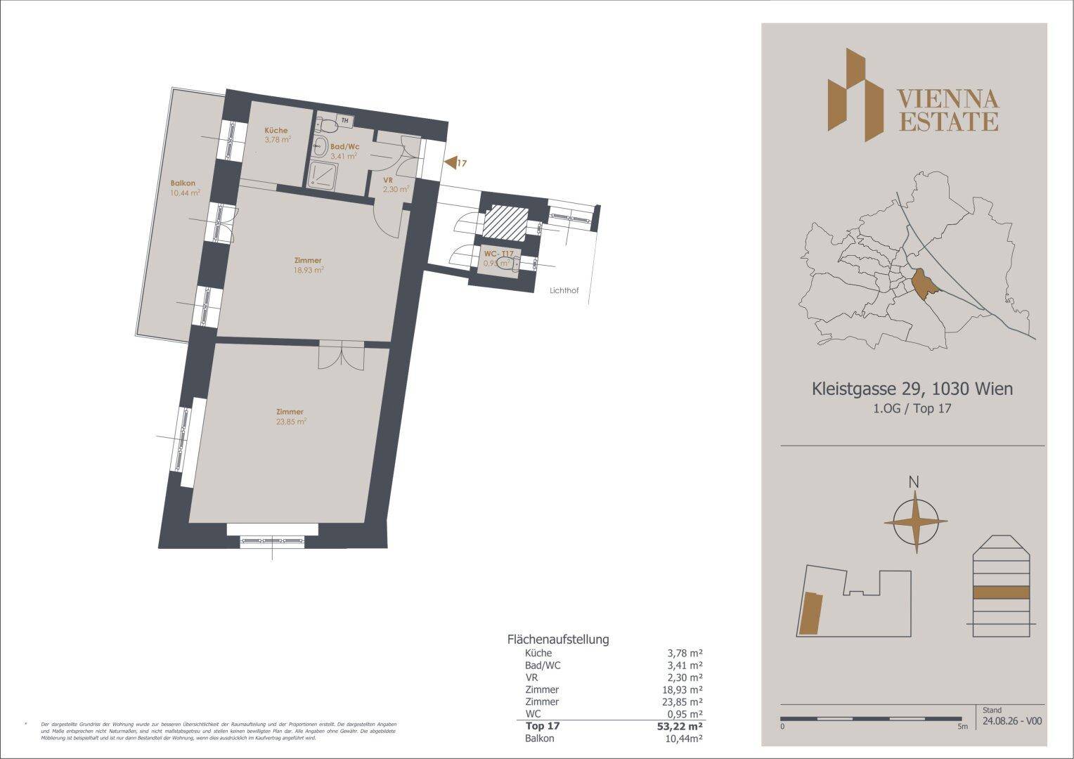 Grundriss einer Wohnung mit Balkon, Küche, Bad und zwei Zimmern, inklusive Flächenaufstellung.