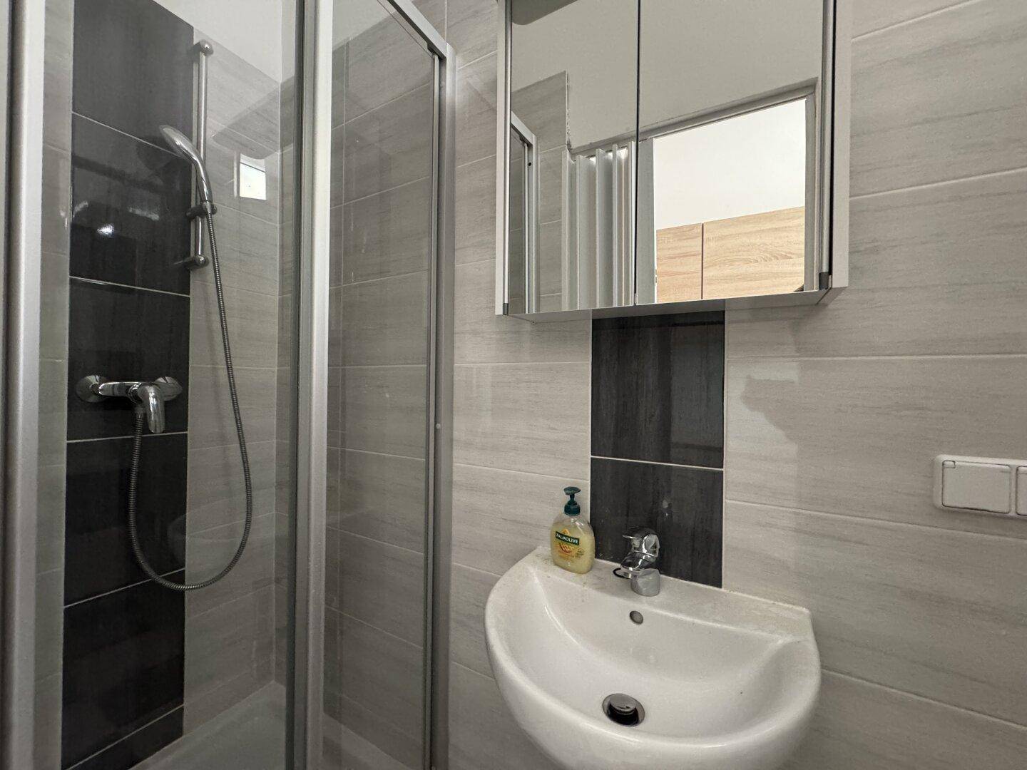 Modernes Badezimmer mit grauen Fliesen, begehbarer Dusche, Einzelwaschbecken und Spiegelschrank.