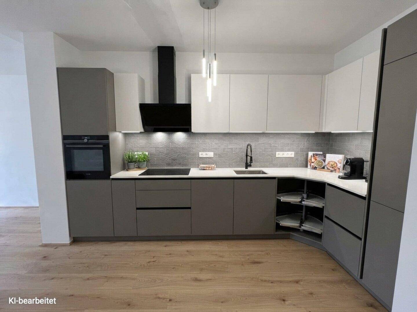 Moderne Einbauküche in Grau und Weiß mit Induktionskochfeld und integriertem Backofen.