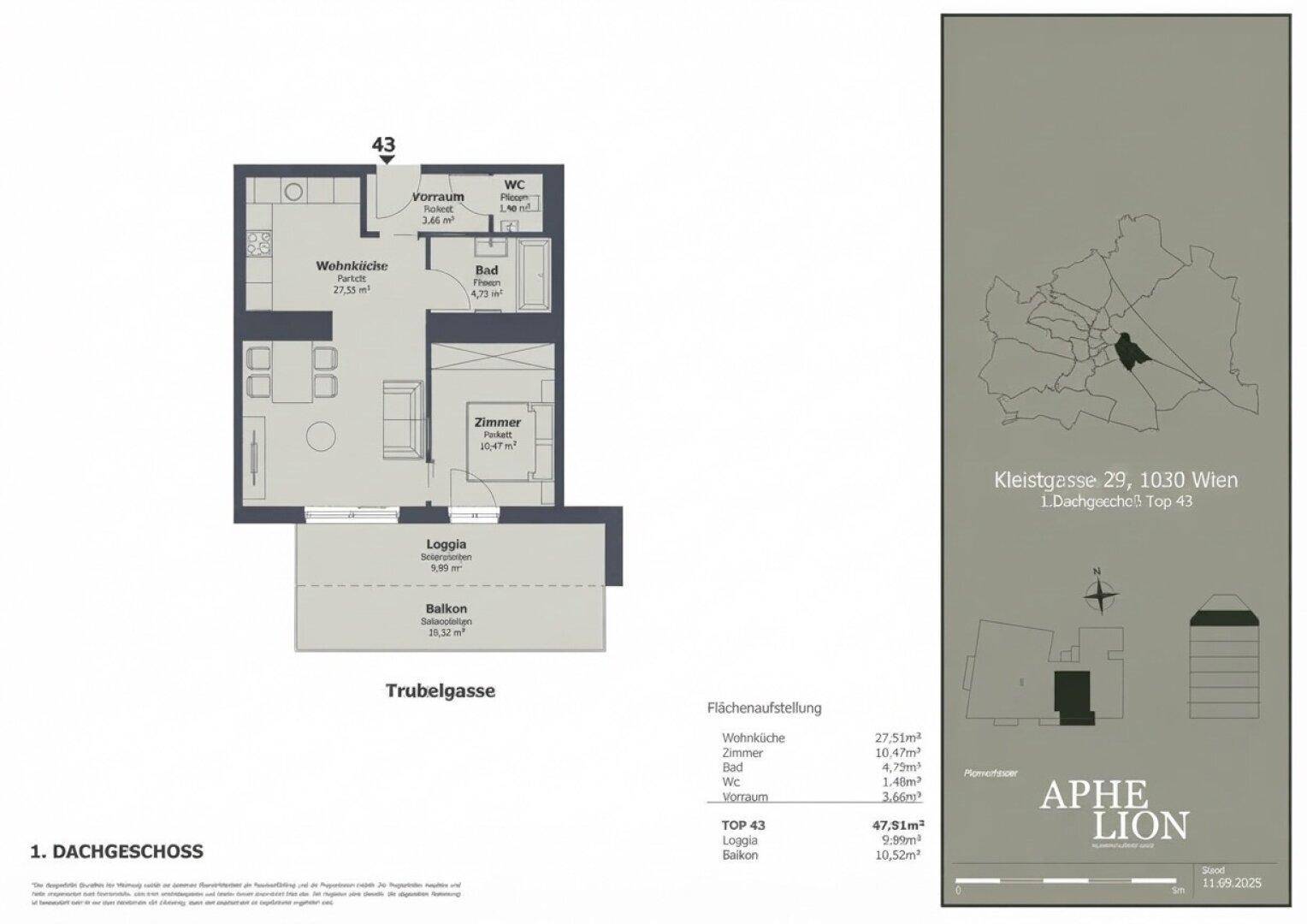 Grundriss der Wohnung Top 43 mit Loggia und Balkon in Wien.