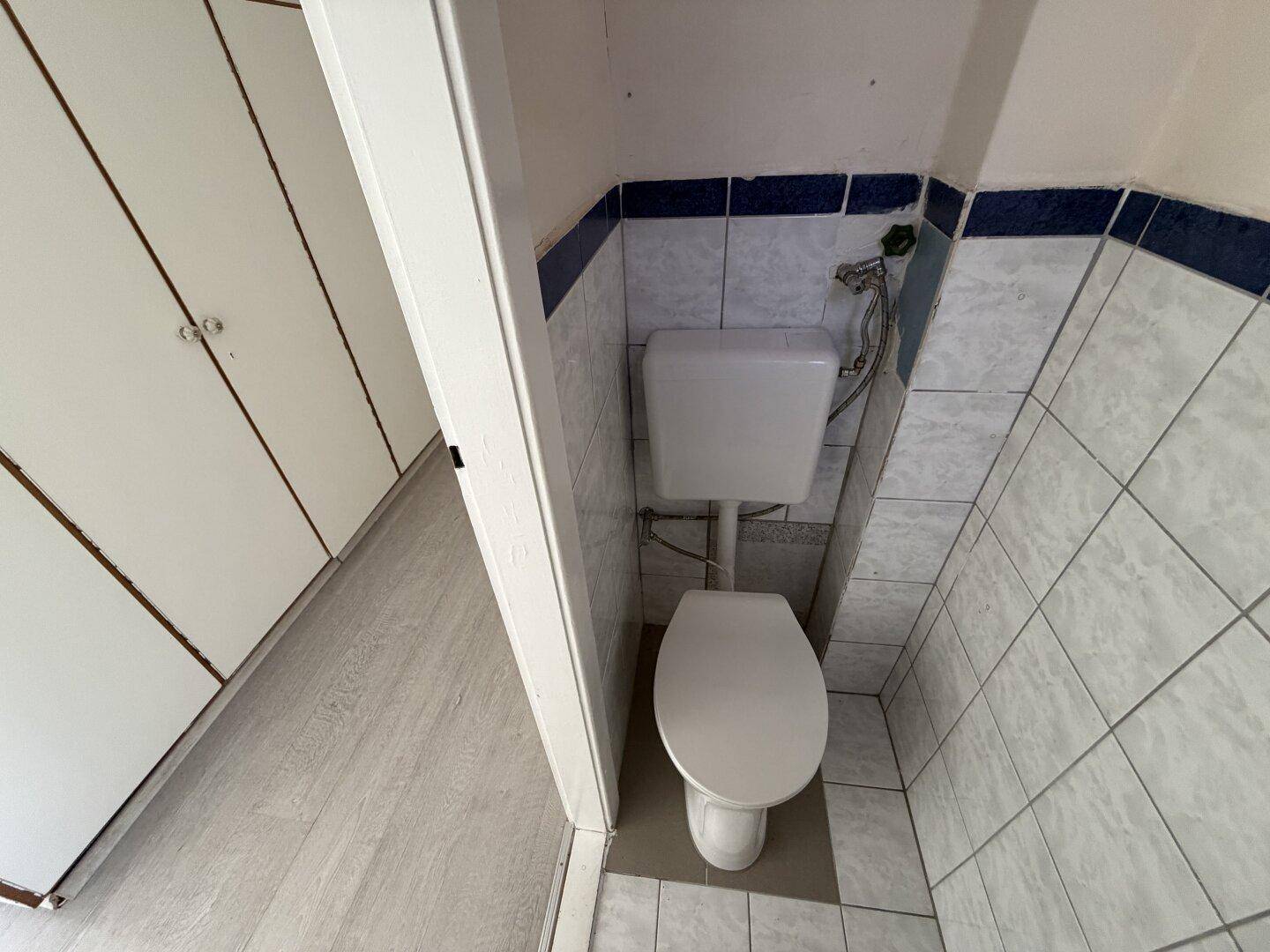 Kleines WC mit Fliesen, Toilette und Wandfliesen in Blau- und Weißtönen.