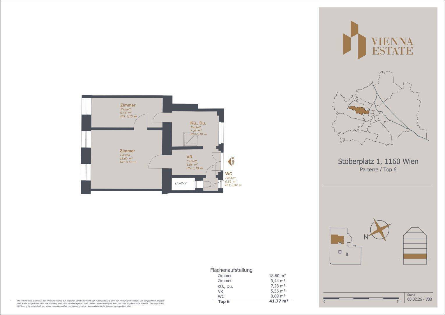 Grundriss der Wohnung Top 6 mit zwei Zimmern, Küche und Bad auf 41,77 m².