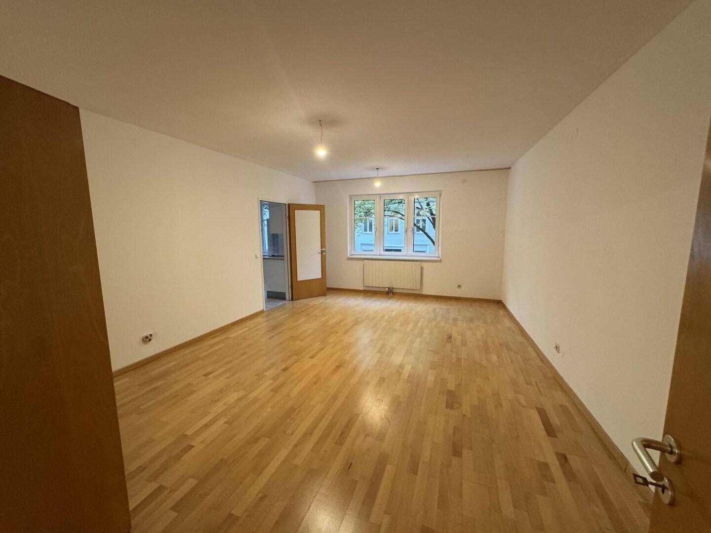 Heller Wohnbereich mit Parkettboden und Zugang zu weiteren Räumen, durch eine Holztür.