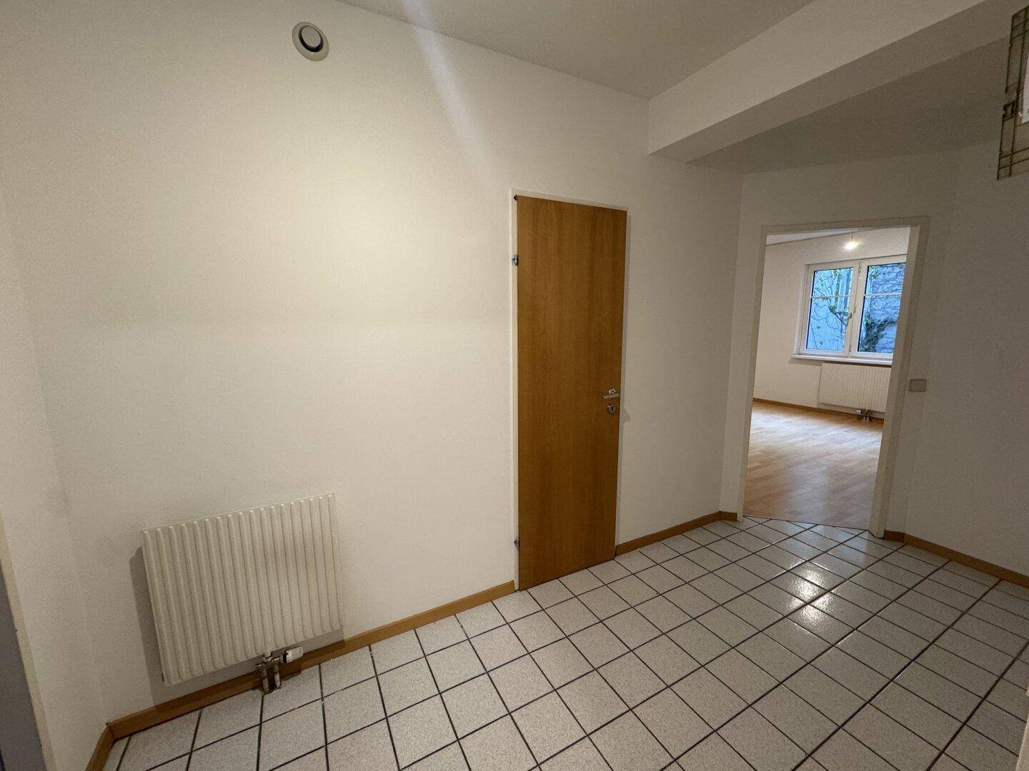 Eingangsbereich mit Fliesenboden, einer Holztür und einem Heizkörper an der Wand.