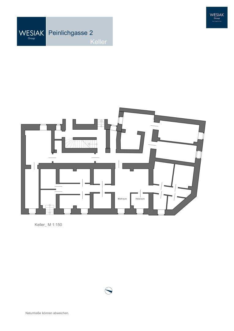 Grundriss des Kellers mit mehreren Räumen und Lagerbereichen.