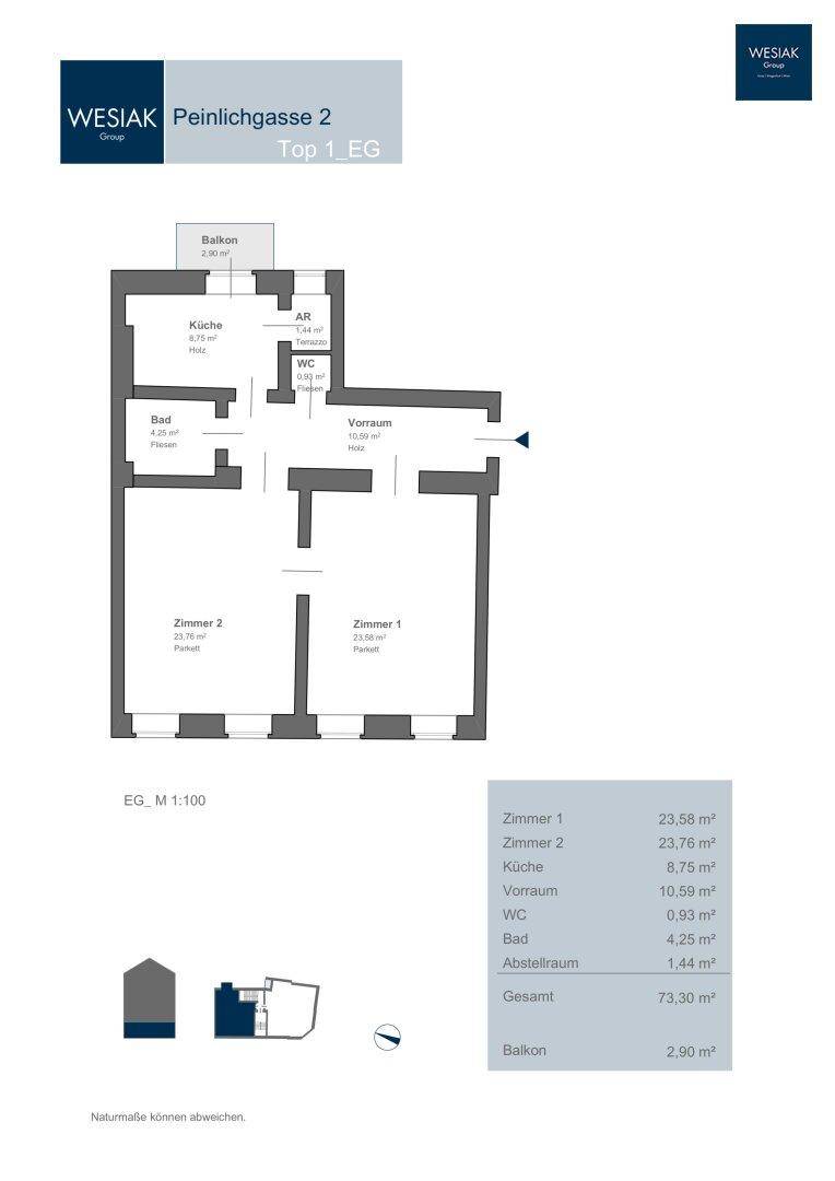 Grundriss der Erdgeschosswohnung Top 1 mit Balkon, Küche und Bad.